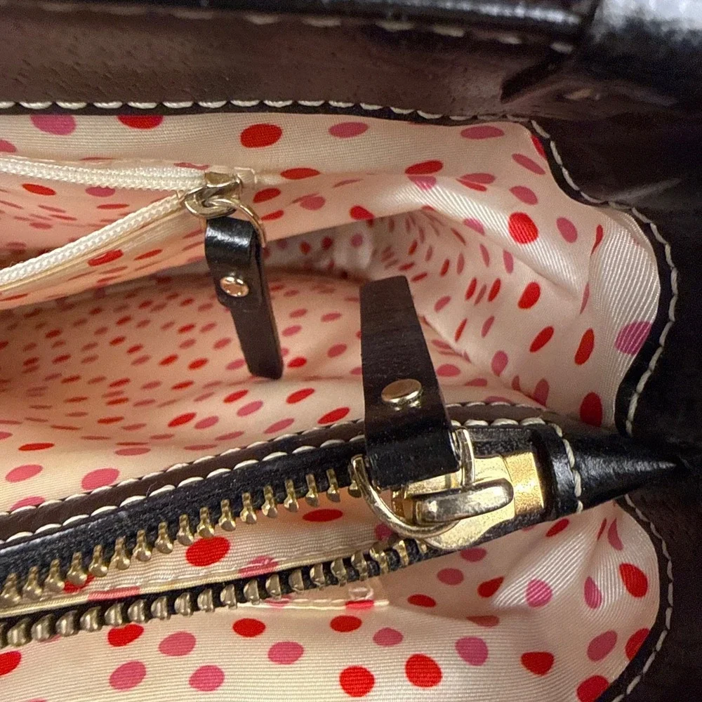 Kate Spade Tote Bag Womens Med Black Classic Leather Polka Dot Lining Stitching